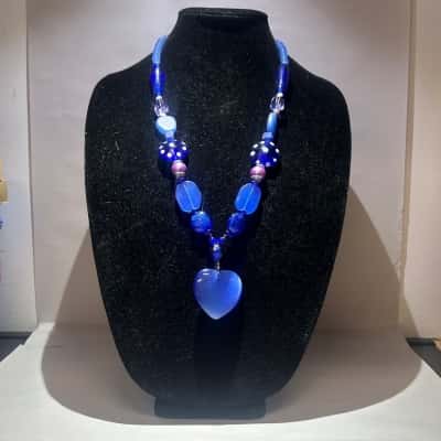 Blue Glass Beaded Heart necklace 