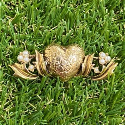  Womens Gold Tone Floral Heart Brooch with Faux Pearl Accents