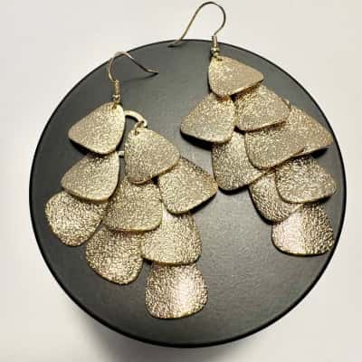 Gold Tone Textured Leaf Drop Earrings 