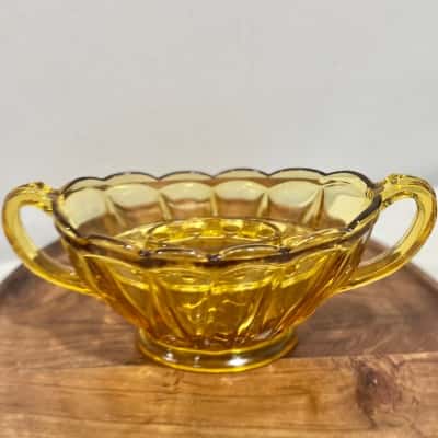 Vintage Art Deco Two Handle Amber Glass Bowl w/ Amber Glass Flower Frog 