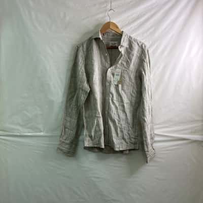 Gazman Mens Size S Pure Linen Long Sleeve Shirt Grey / White BNWT