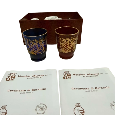 Vecchia Murano - Glass Factory Blue and Red Glasses. 