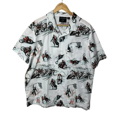 Harley Davidson Mens Size L White with Black & Orange Pattern Short Sleeve Shirt (new)