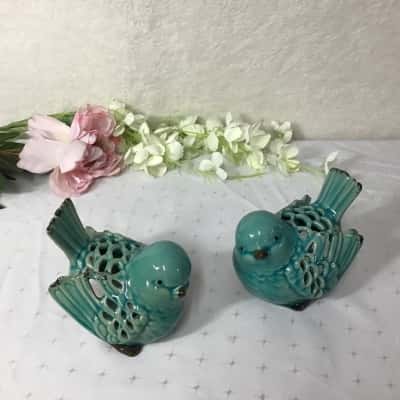 Pair of Teal Green Ceramic Bird Candle Holders