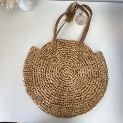Isabella The Label Tan Woven Straw Tote Bag Shoulder Bag 