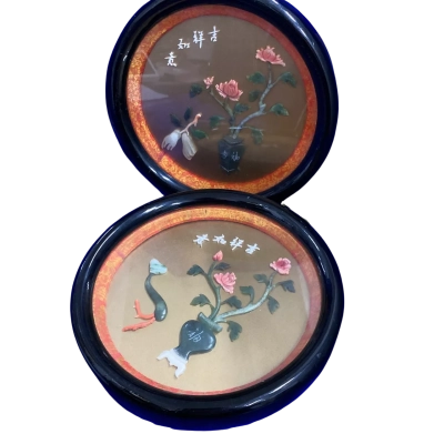 2x vintage Chinese circular wall plaques. 19cm Carved coral and stone.