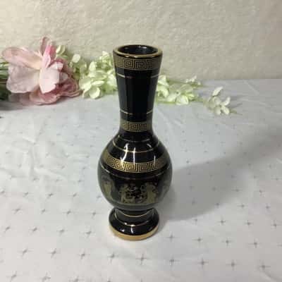 ADIS Handmade in Greece Black / 24K Gold Pattern Porcelain Bud Vase