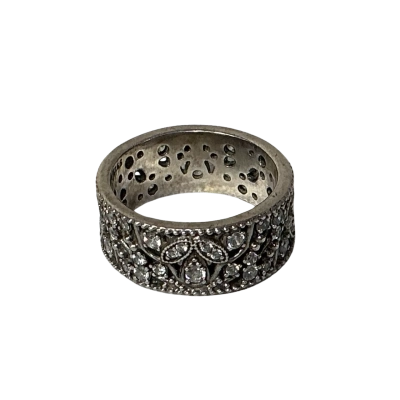 Womens 925 ALE Wide Silver Ring Band with CZ Leaf Pattern (size 60)