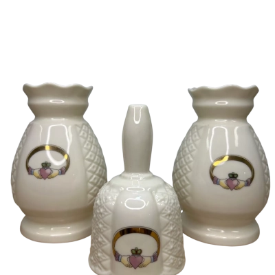 Donegal Parian Irish Claddagh Ring Pair and of Small Vases and Bell