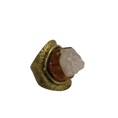 Vintage Womens Boho Copper, Brass and Quartz Chunky Ring 