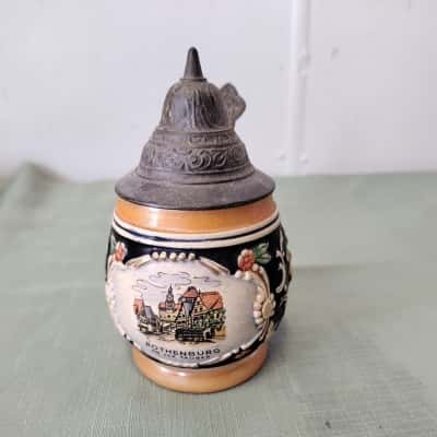 Vintage German Souvenir Mini Beer Stein – Rothenburg ob der Tauber – Ceramic with Pewter Lid
