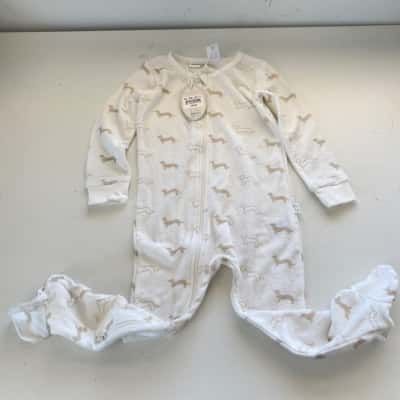 Peter Alexander Baby White Beige Dog Print Long Sleeve Onesie Size 18-24m / 2
