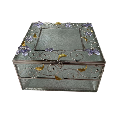 Glass and Silver Metal Trinket Box with Mauve & Gold Coloured Flowers.
