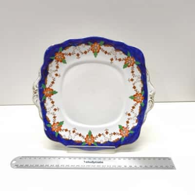 Vintage Superior English Bell China Shore Coggins Handled Cake Plate Cobalt Blue Orange Floral