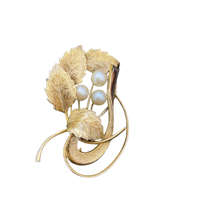 Vintage Faux Pearl Gold Toned Leaf Brooch 