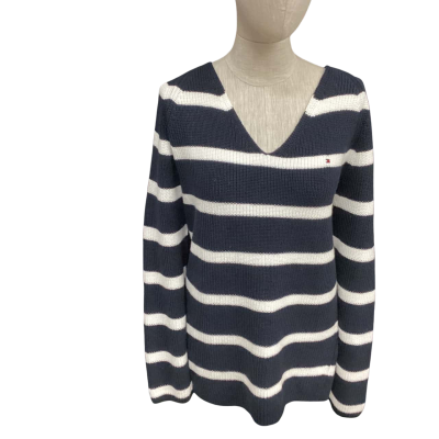 Tommy Hilfiger Womens  Size XXXL V-Neck Jumper Navy Blue / Striped / White 