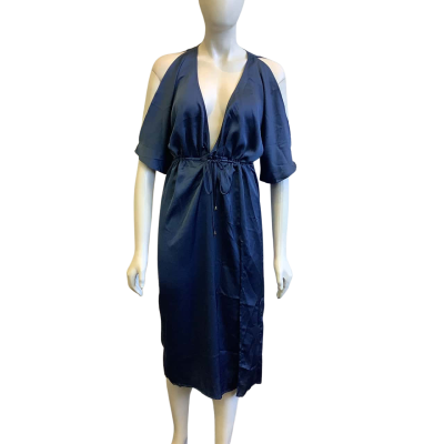 BNWT Hello Molly Women's Size 8 Short Sleeved Satin Midi Dress Navy Blue 