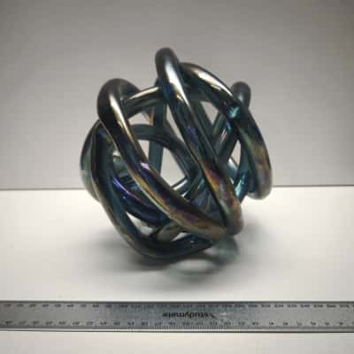 Iridescent Blue Glass Knot Sphere Sculpture Modern Table Decor Ornament
