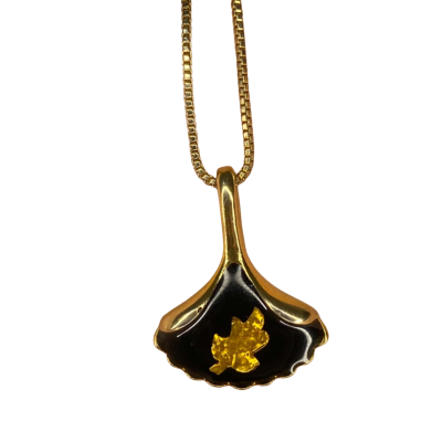 Black and Gold Leaf Pendant Necklace Gold Tone Chain