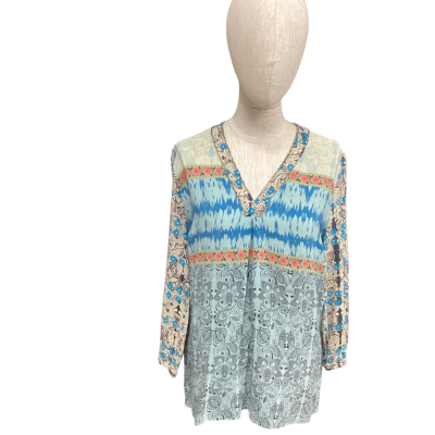 Loobies Story Womens  Size 10 3/4 Sleeve Shirt Blue / Pattern 