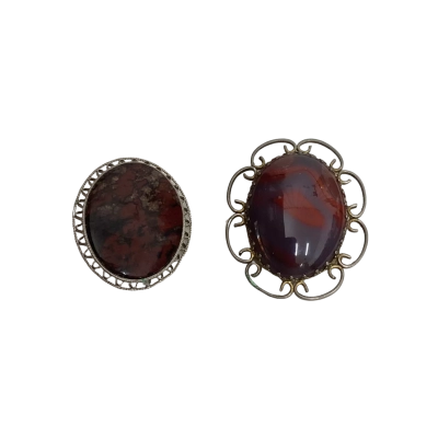 Lot of 2x Vintage Brooches  Silver Tone with Large Gemstone Cabochons