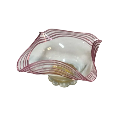 Murano glass Bowl featuring a pink swirl pattern and gold flake detail in bottom 