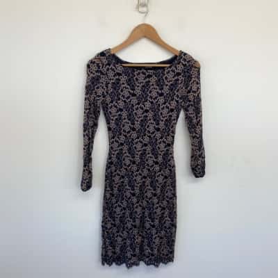 Bisou Bisou Navy Blue Floral Lace Long Sleeve Mini Dress Size 10 