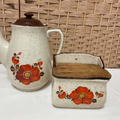 Vintage Teapot & Salt Box Retro Style Orange Floral Design Made in Japan 1970’s Teapot Creamer Set Rare 