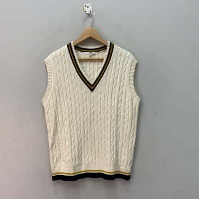 Uniqlo Mens  Size L Knitted Sweater Vest Blue / Gold / Off White 