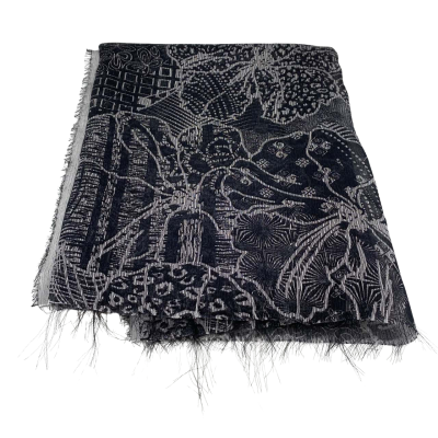 Delicate man made fabric.  140 x 100 cm approx.  Black with grey printed flowers. 