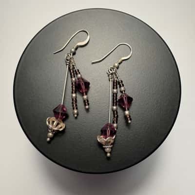 Purple Glass Bead Hook Drop Earrings 