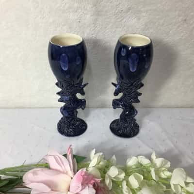 Set of 2 Decorative Cobalt Blue Pattern Ceramic Unicorn Goblets
