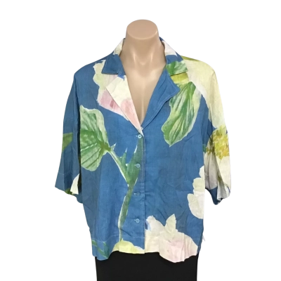 Billy J Womens Size 10 Blue / Pink / Green / Yellow Floral Linen Blend Short Sleeve Shirt (new)
