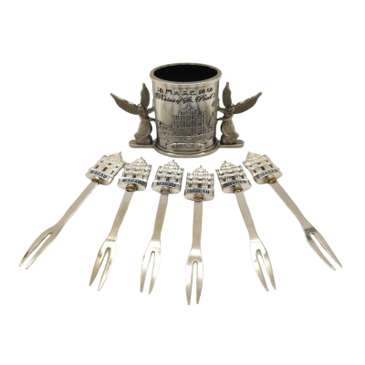 Souvenir From Macau - 6 Metal Cocktail Forks In Tankard Style Holder 9cm Tall  (brica1)