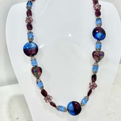 Glass Beaded Necklace Pink/ Purple Blue- gorgeous 
