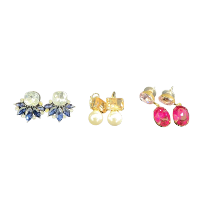  Womens Chunky Rhinestone Earring collection ( 3 pairs) Champagne / Gold / Navy Blue / Pearl / Pink  