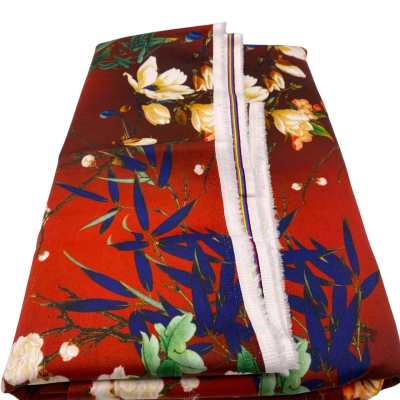 Patterned sateen (cotton). 118 (w) x 250 (L) cm approx. Hibiscus and other oriental blooms.