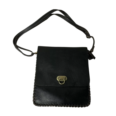Womens Black Leather Cross Body Bag with Whipstitched Edge Detail