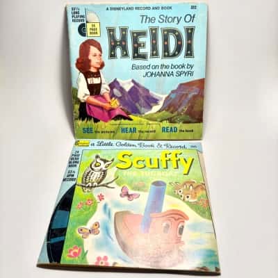 Vtg. Record & Book Sets x2  -1968 Disneyland , “The Story of Heidi" & Little Golden Book “Scuffy the Tugboat”