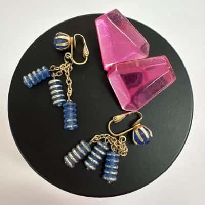 Vtg. Set of 2 Clip on Earrings Blue / Pink Tones