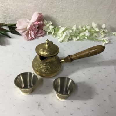 Decorative Pattern Brass Turkish Coffee Pot with Wooden Handle and 2 Cups
