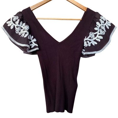 Forever New Chocolate Brown/White Embroidered Top Size XXS