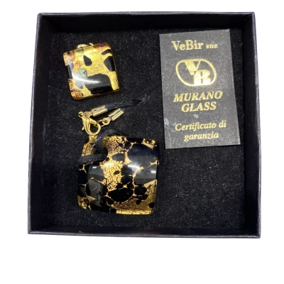  Womens Murano Necklace on 22cm drop black cord. Black  / Gold 