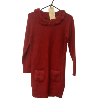  Womens One Size Red Knitted Long Sleeve Dress with Fur and Jewel Embellishments