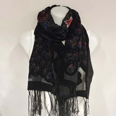 Gorgeous Crushed Black Velvet Peacock Scarf with Tassels-52.5x150