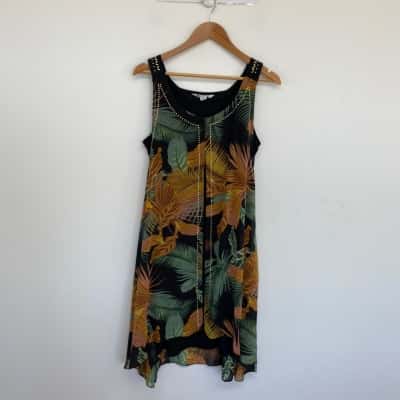 Rockmans Black Orange Green Leaf Pattern Sleeveless Mini Dress  Size 12 