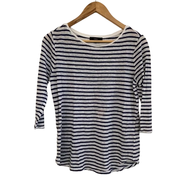 Saba Womens Linen Size XS 3/4 Sleeve Top Navy Blue / Striped / White 