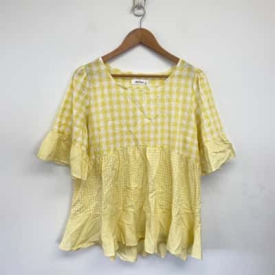 Worthier Yellow Checked Bell Sleeve Blouse Top  Size L / M 