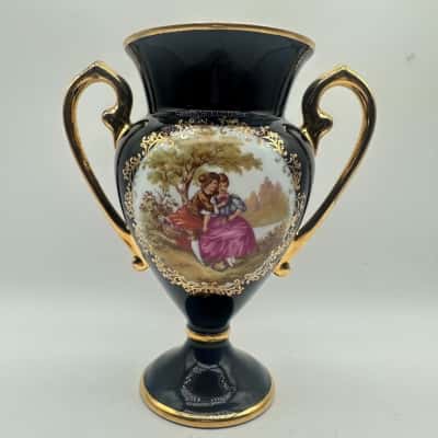 Limoges Porcelain Blue Gold Courting Couple Vase 