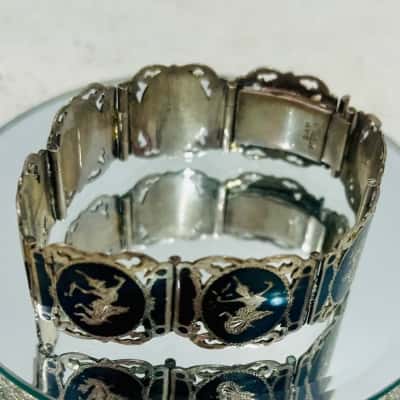 Vintage Siam Sterling Silver 12 Panel Niello Dancers  Bracelet 
